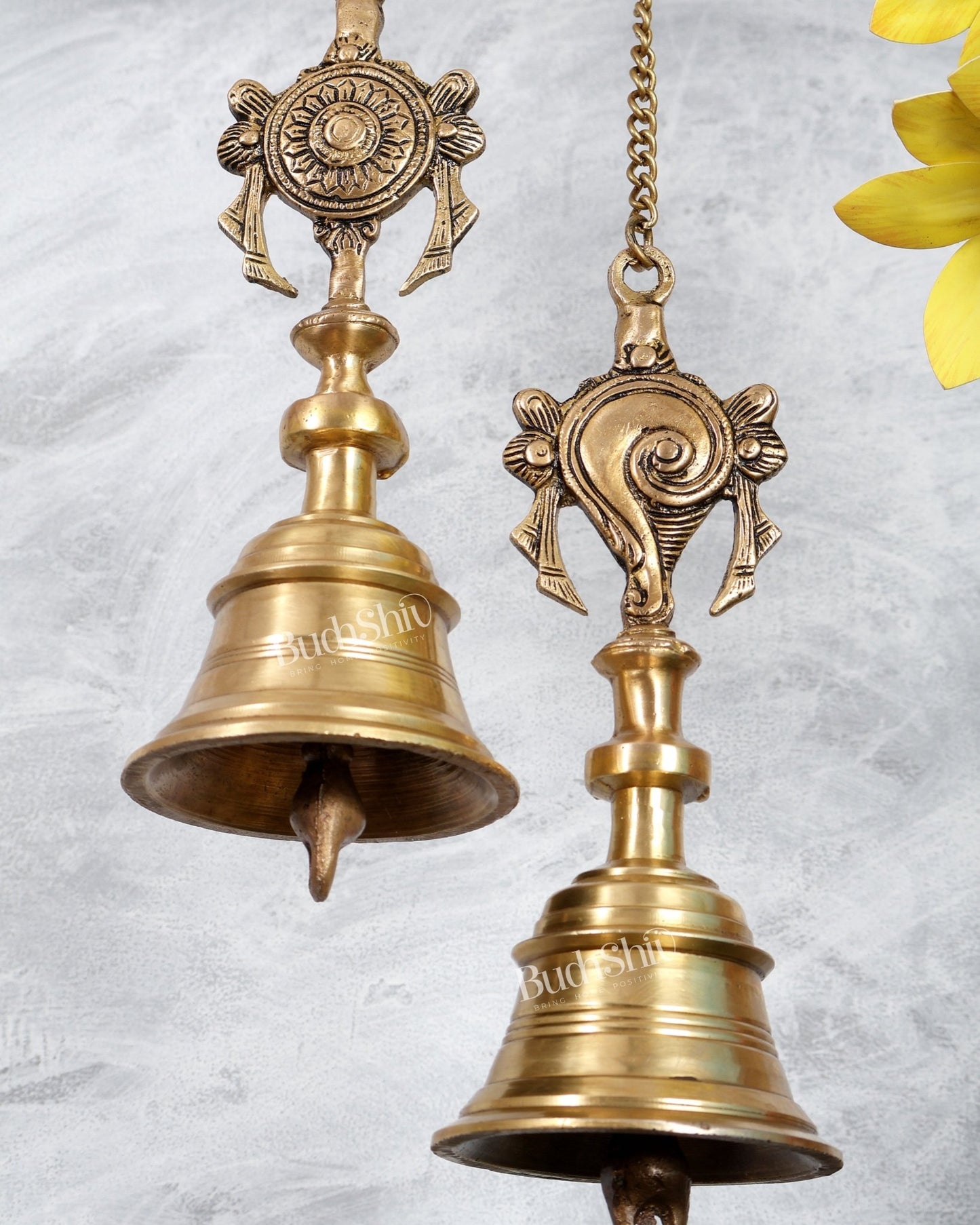 Brass Shankh Chakra Hanging Bell Pair | Vishnu Symbol Temple Bells with Chain - Budhshiv.com
