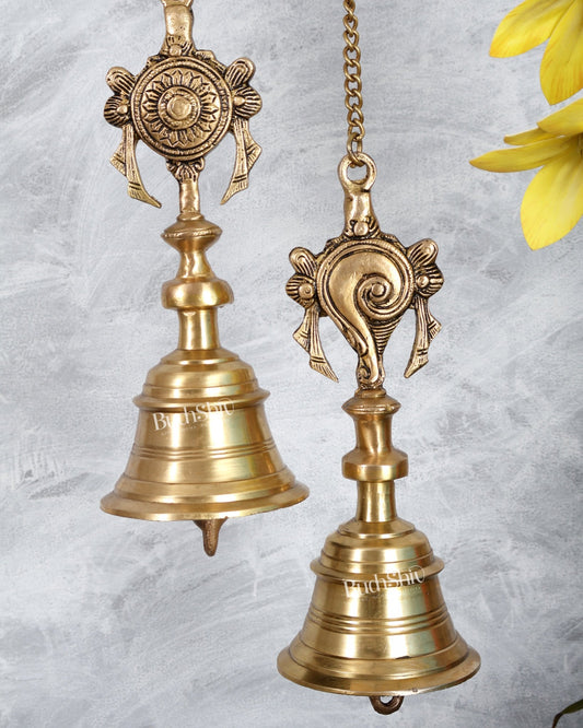 Brass Shankh Chakra Hanging Bell Pair | Vishnu Symbol Temple Bells with Chain - Budhshiv.com