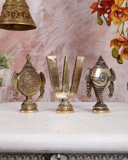 Brass Shankh Chakra Namah Standing Symbols – Vaishnav Divine Set (5.25 Inches) - Budhshiv.com