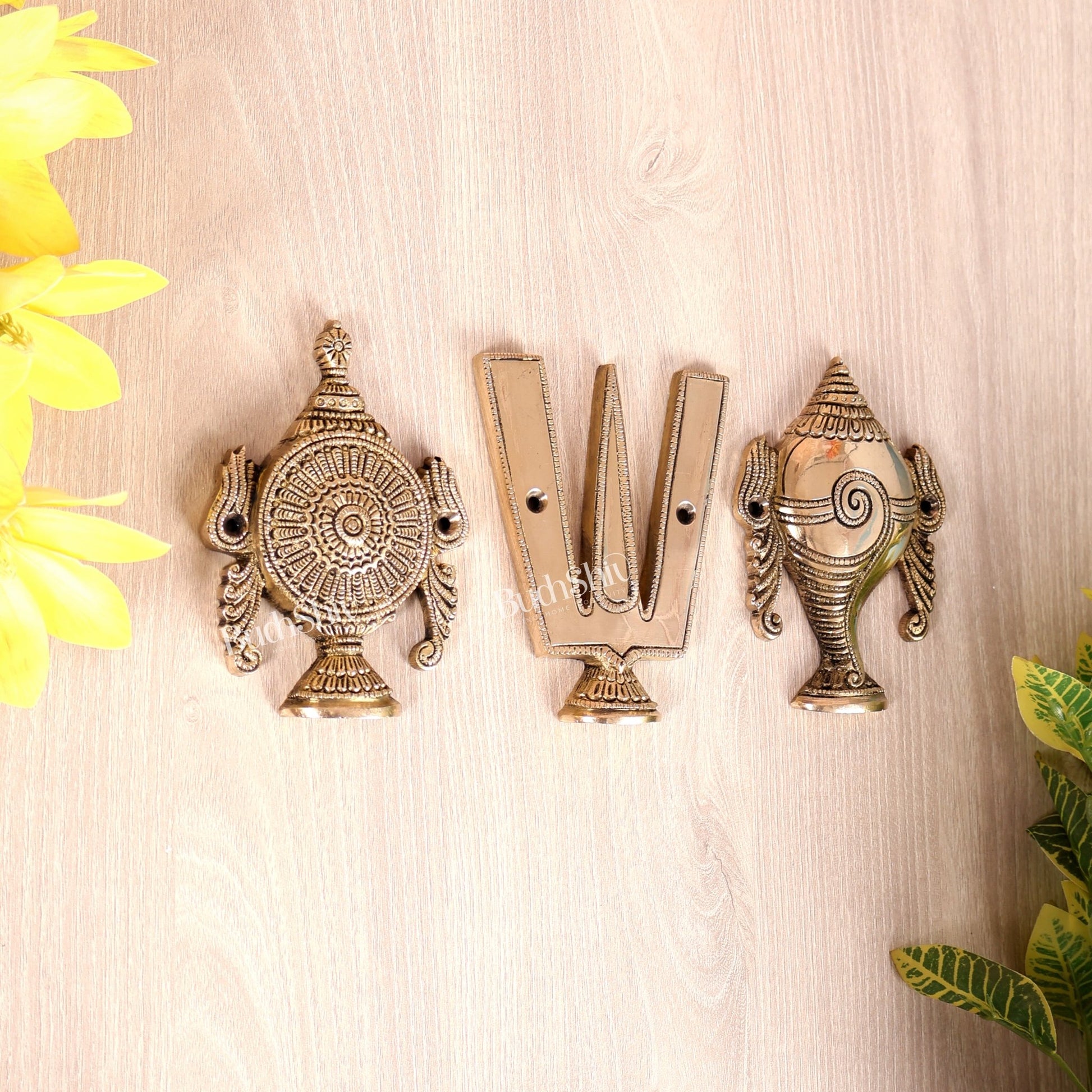 Brass Shankh Chakra Namah Wall Hanging | Vaishnava Divine Symbols Décor 5" - Budhshiv.com