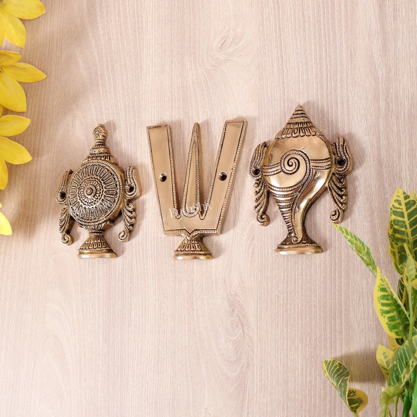 Brass Shankh Chakra Namah Wall Hanging | Vaishnava Divine Symbols Décor 5" - Budhshiv.com