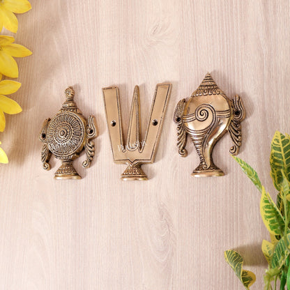 Brass Shankh Chakra Namah Wall Hanging | Vaishnava Divine Symbols Décor 5" - Budhshiv.com