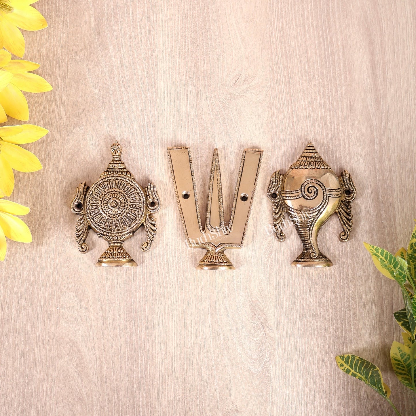 Brass Shankh Chakra Namah Wall Hanging | Vaishnava Divine Symbols Décor 5" - Budhshiv.com