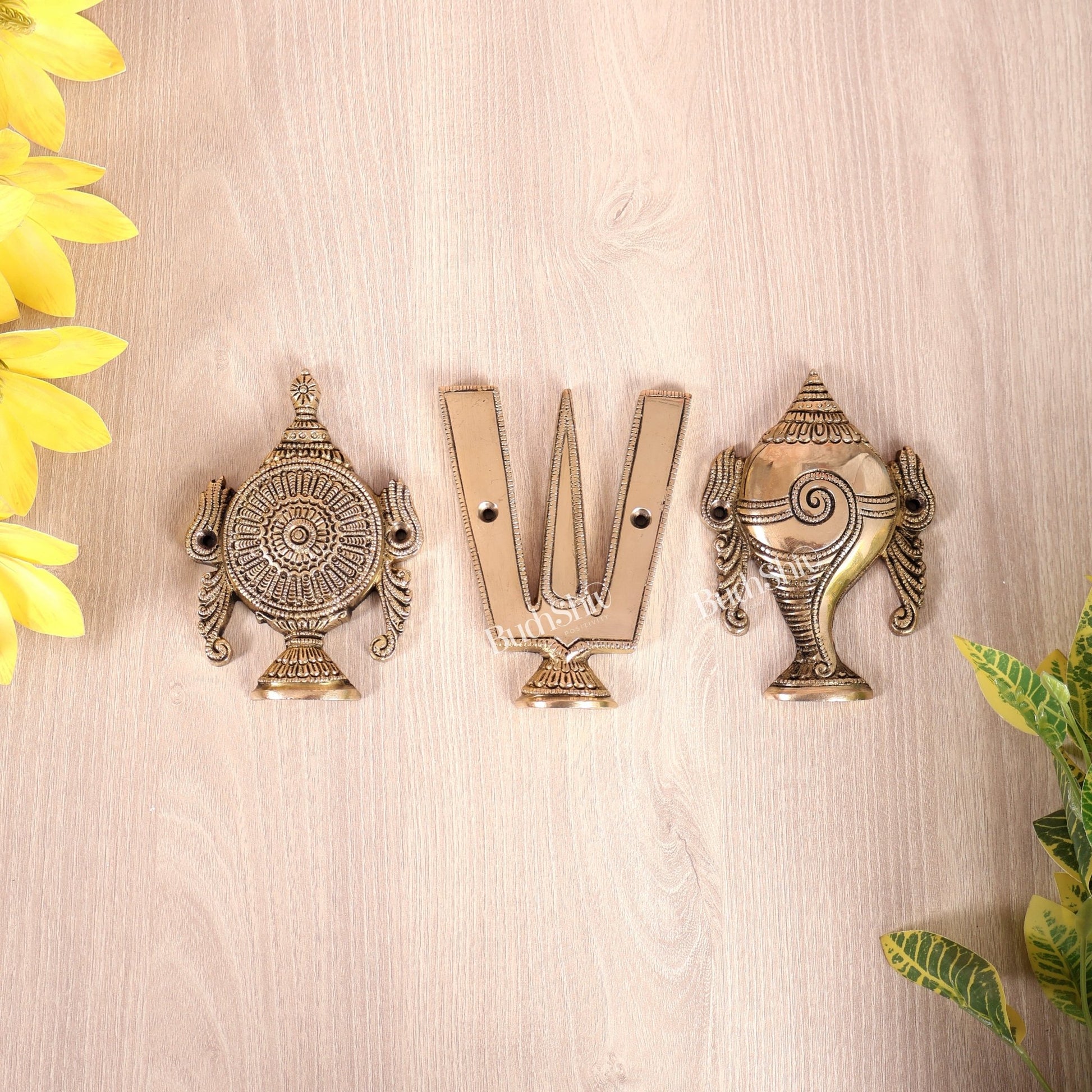 Brass Shankh Chakra Namah Wall Hanging | Vaishnava Divine Symbols Décor 5" - Budhshiv.com