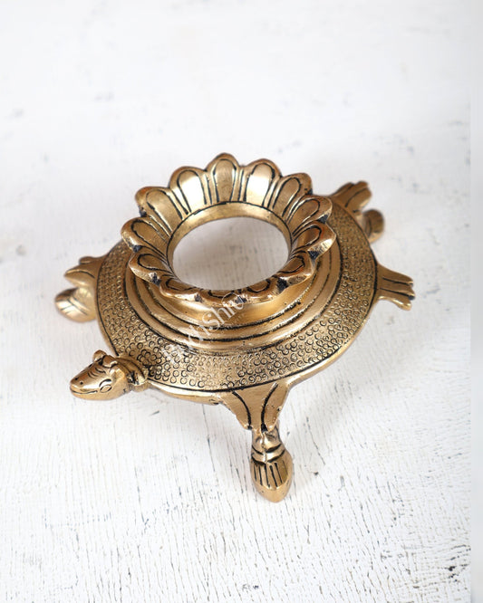 Brass Shankh Conch Stand with Tortoise Design – Auspicious Display Holder (4.5 Inches) - Budhshiv.com