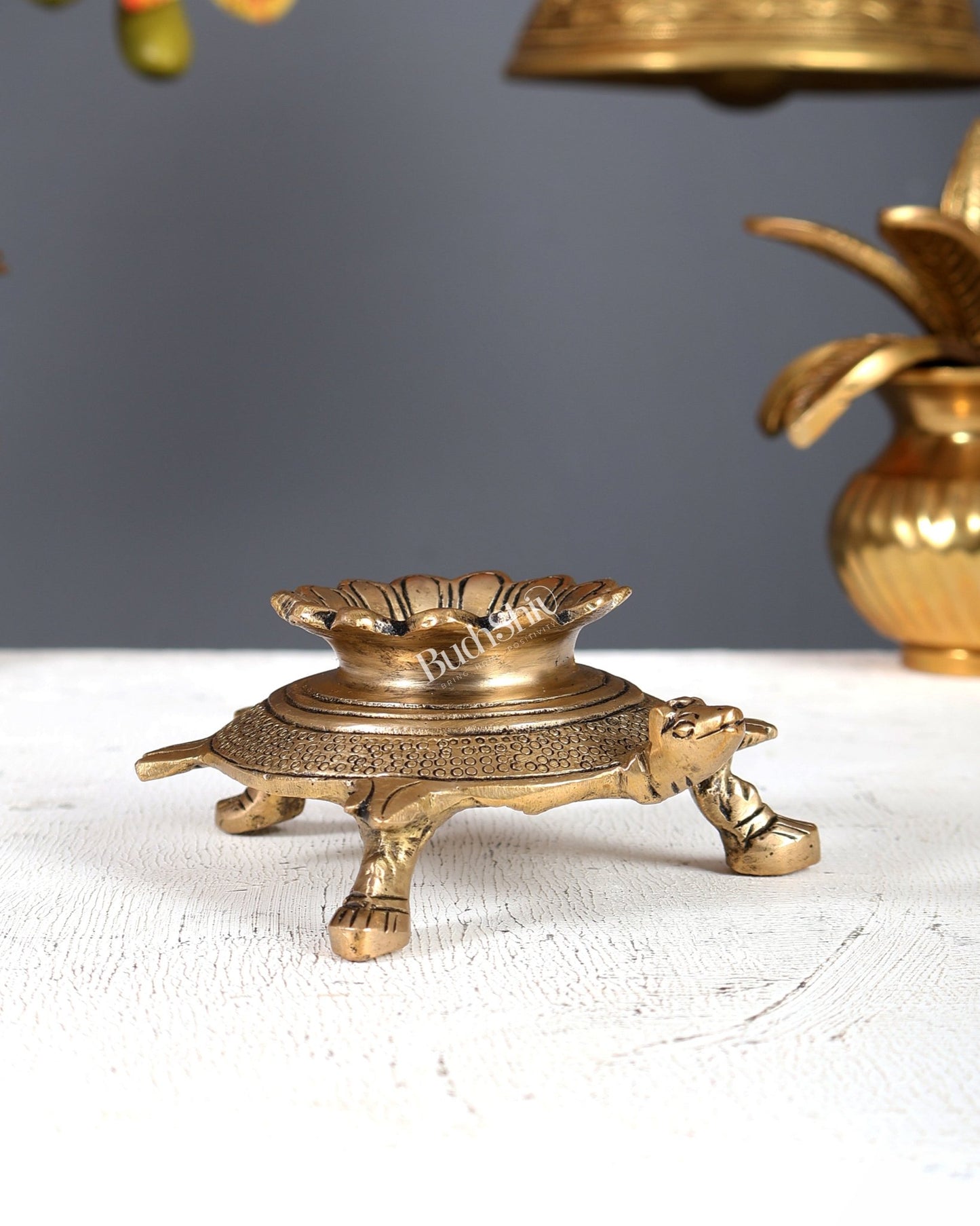 Brass Shankh Conch Stand with Tortoise Design – Auspicious Display Holder (4.5 Inches) - Budhshiv.com