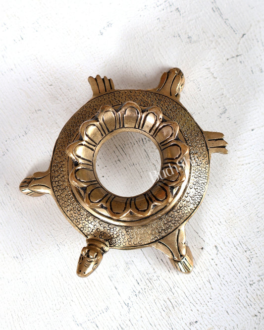 Brass Shankh Conch Stand with Tortoise Design – Auspicious Display Holder (4.5 Inches) - Budhshiv.com