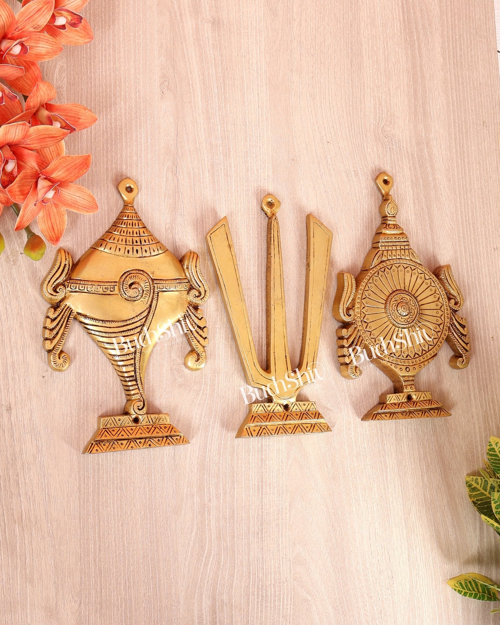 Brass Shankh Namaha Chakra Wall Hanging Set – Auspicious Spiritual Décor 8.5" - Budhshiv.com