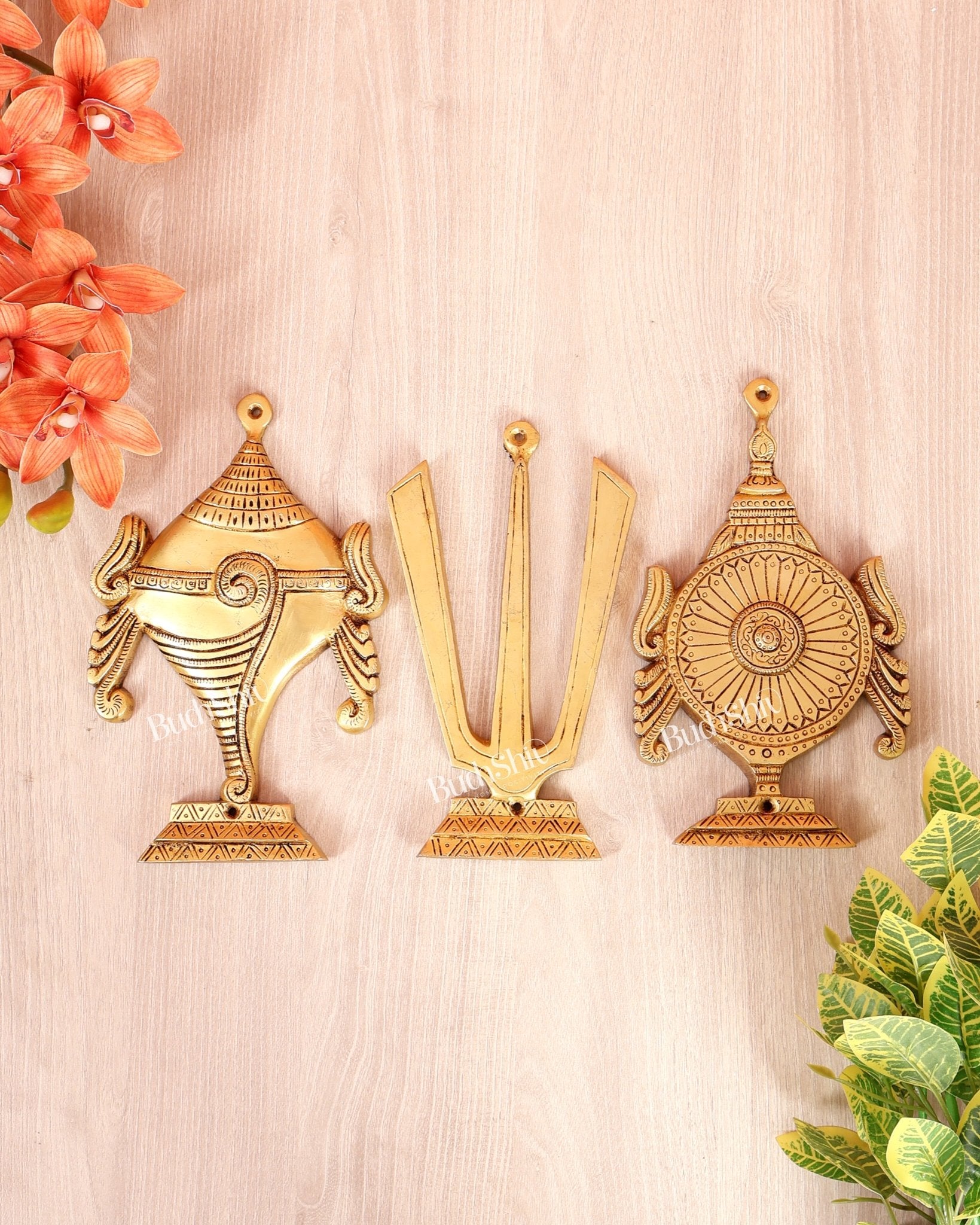 Brass Shankh Namaha Chakra Wall Hanging Set – Auspicious Spiritual Décor 8.5" - Budhshiv.com