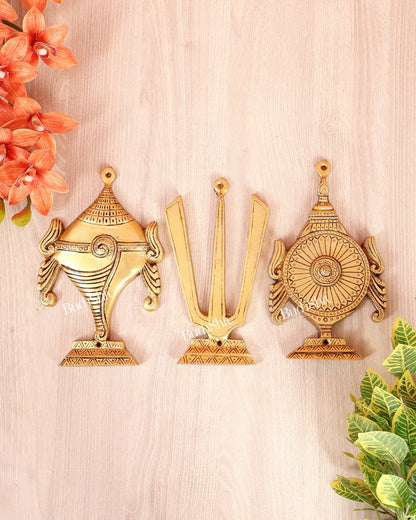 Brass Shankh Namaha Chakra Wall Hanging Set – Auspicious Spiritual Décor 8.5" - Budhshiv.com