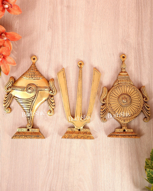 Brass Shankh Namaha Chakra Wall Hanging Set – Auspicious Spiritual Décor 8.5" - Budhshiv.com