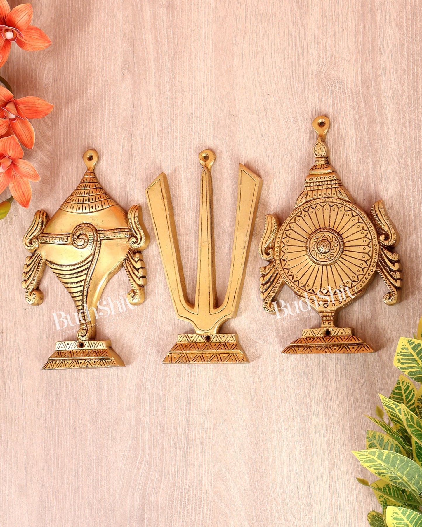 Brass Shankh Namaha Chakra Wall Hanging Set – Auspicious Spiritual Décor 8.5" - Budhshiv.com