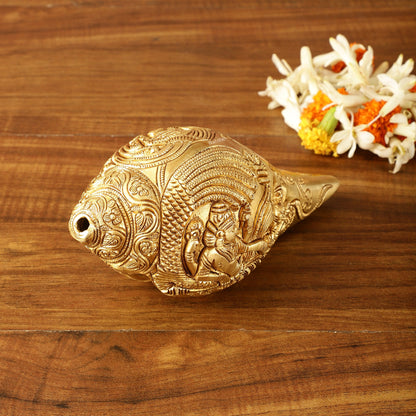 Brass Shankh Vishnu Lakshmi conch 7.5" - Budhshiv.com