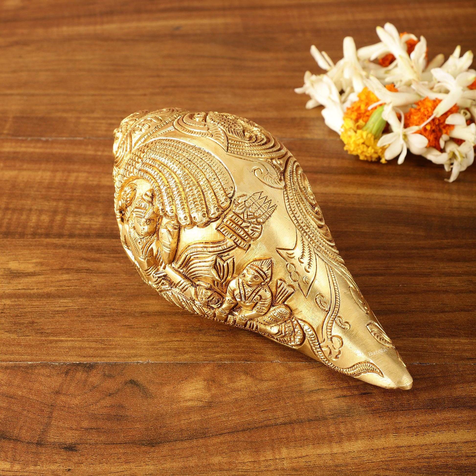 Brass Shankh Vishnu Lakshmi conch 7.5" - Budhshiv.com