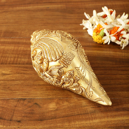 Brass Shankh Vishnu Lakshmi conch 7.5" - Budhshiv.com