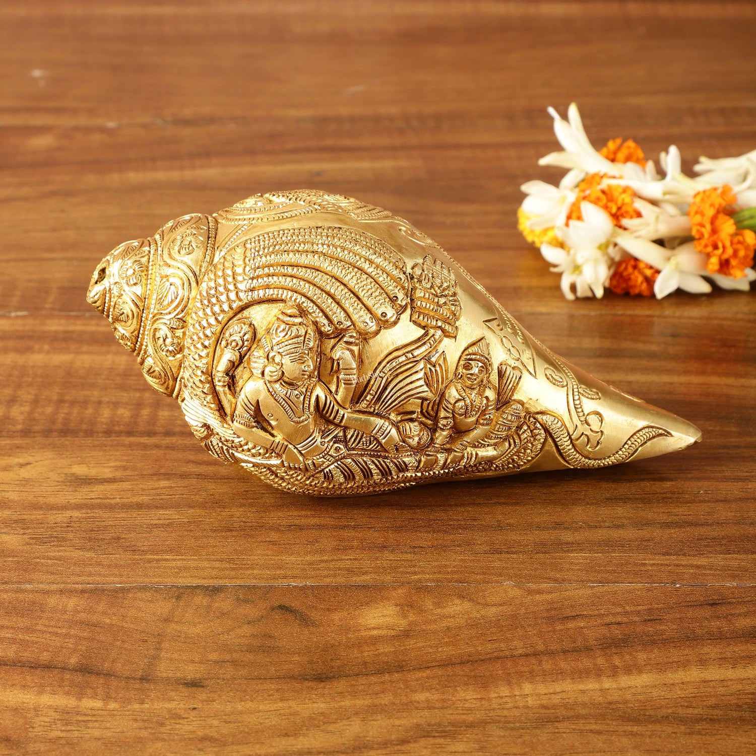 Brass Shankh Vishnu Lakshmi conch 7.5" - Budhshiv.com