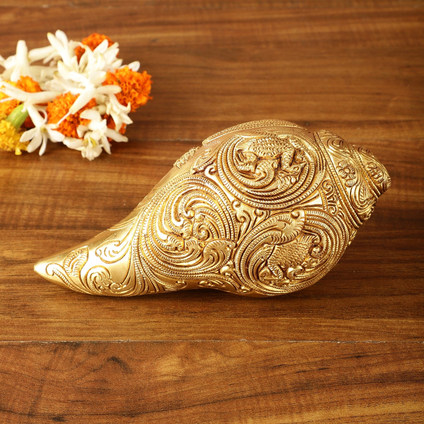 Brass Shankh Vishnu Lakshmi conch 7.5" - Budhshiv.com