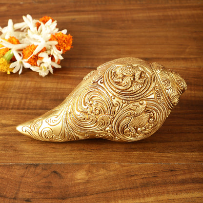 Brass Shankh Vishnu Lakshmi conch 7.5" - Budhshiv.com