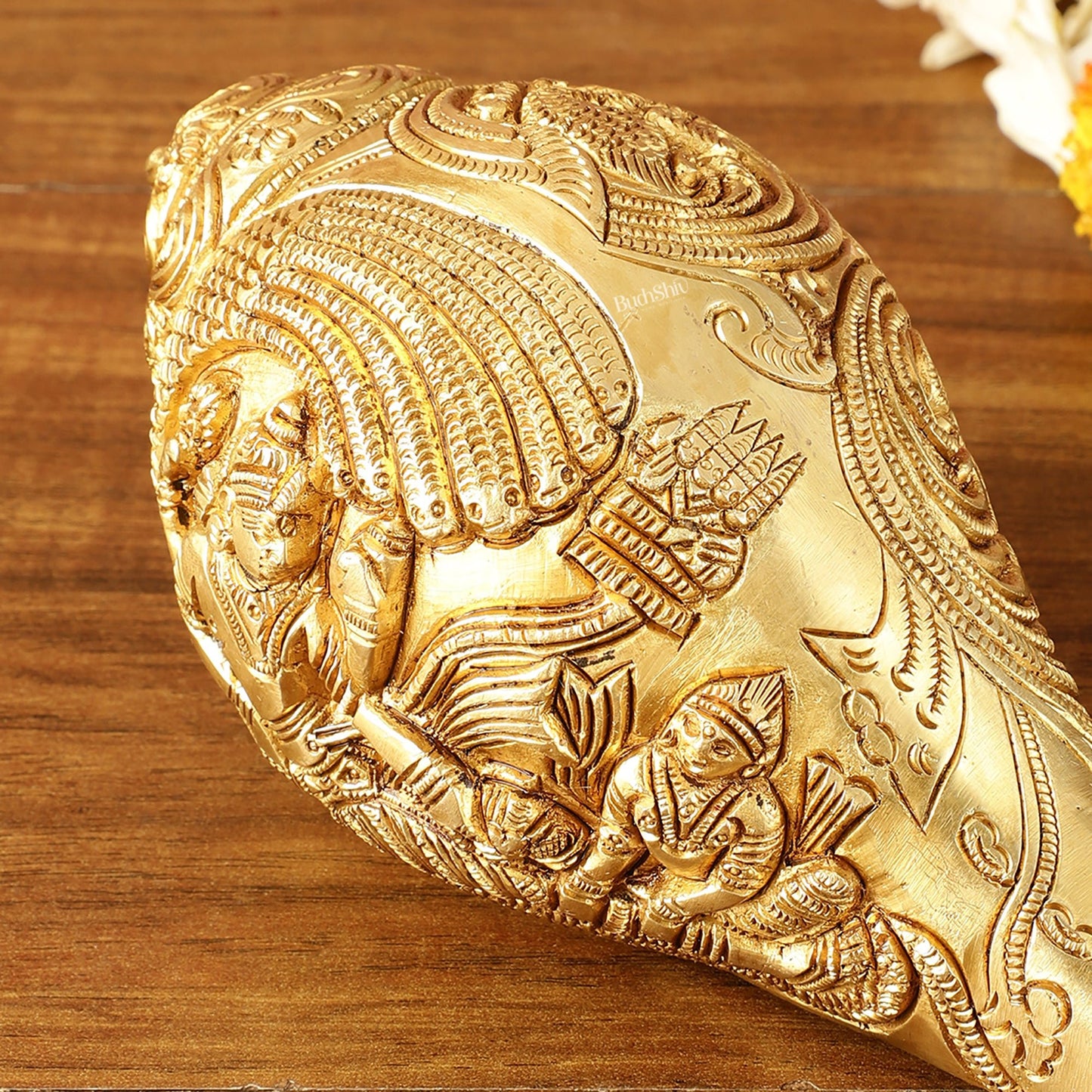 Brass Shankh Vishnu Lakshmi conch 7.5" - Budhshiv.com