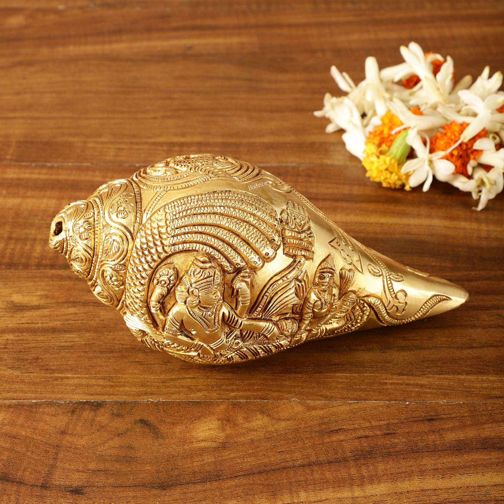 Brass Shankh Vishnu Lakshmi conch 7.5" - Budhshiv.com