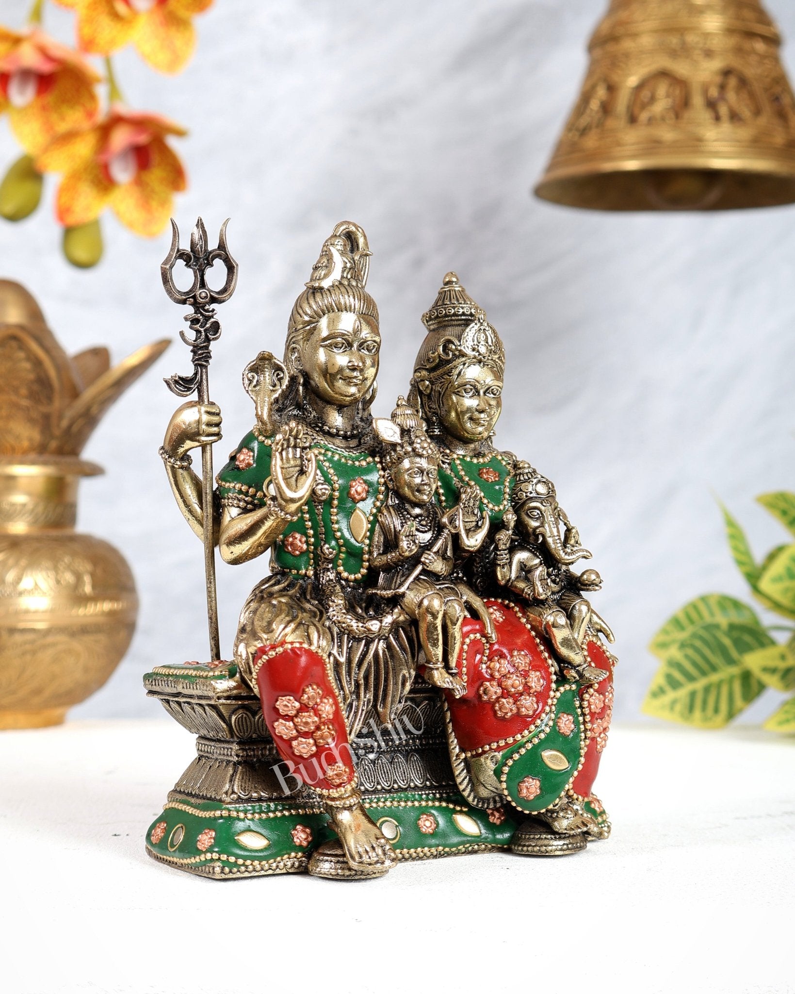 Brass Shiv Parivar Idol – 6" meenakari work - Budhshiv.com