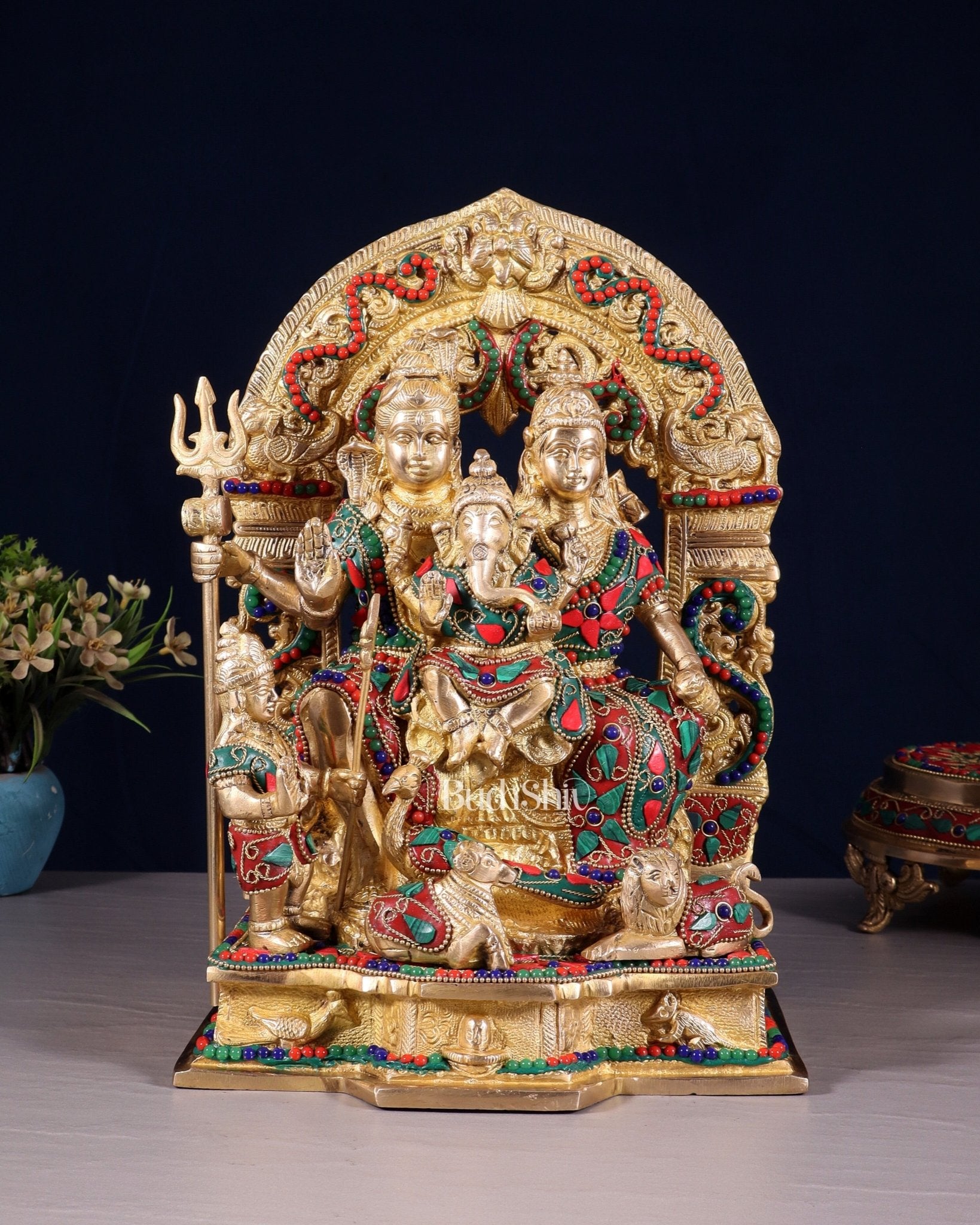 Brass Shiv Parivar Idol - Floral stonework - 12" Height - Budhshiv.com