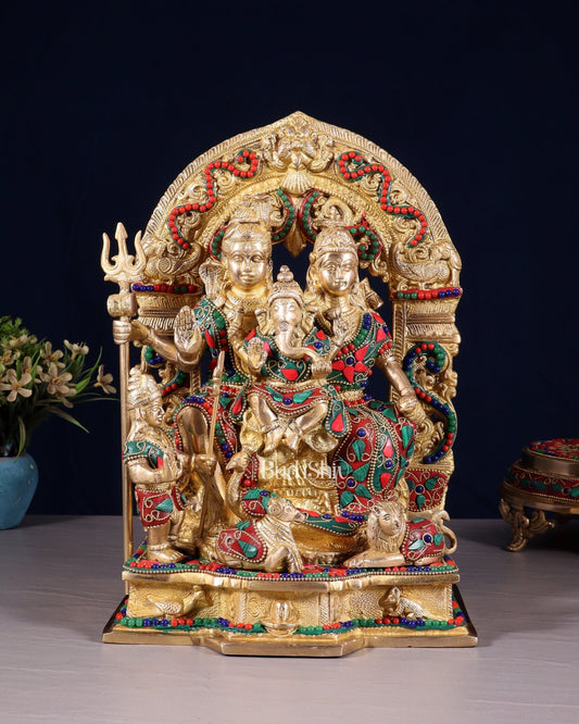 Brass Shiv Parivar Idol - Floral stonework - 12" Height - Budhshiv.com