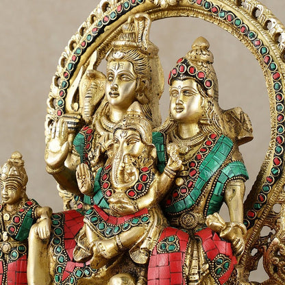Brass Shiv Parivar Idol with Frame - 12.5 inch stonework - Budhshiv.com