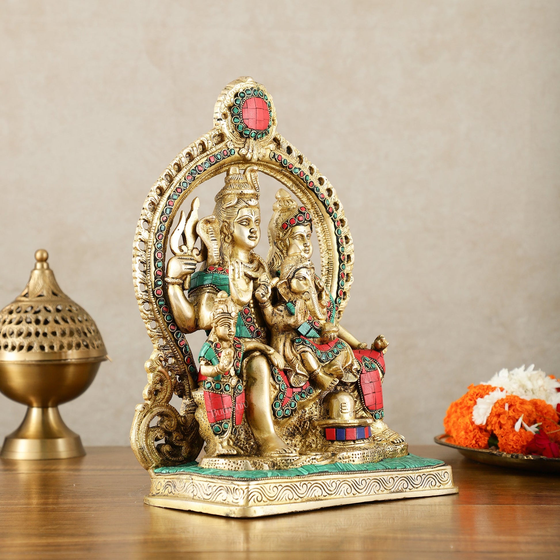 Brass Shiv Parivar Idol with Frame - 12.5 inch stonework - Budhshiv.com