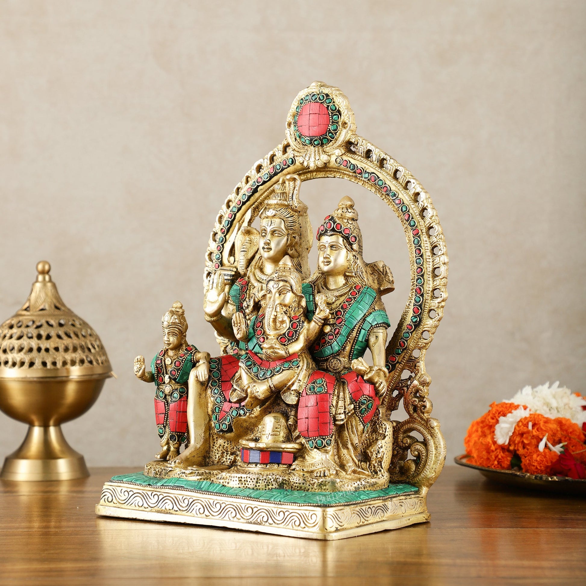 Brass Shiv Parivar Idol with Frame - 12.5 inch stonework - Budhshiv.com