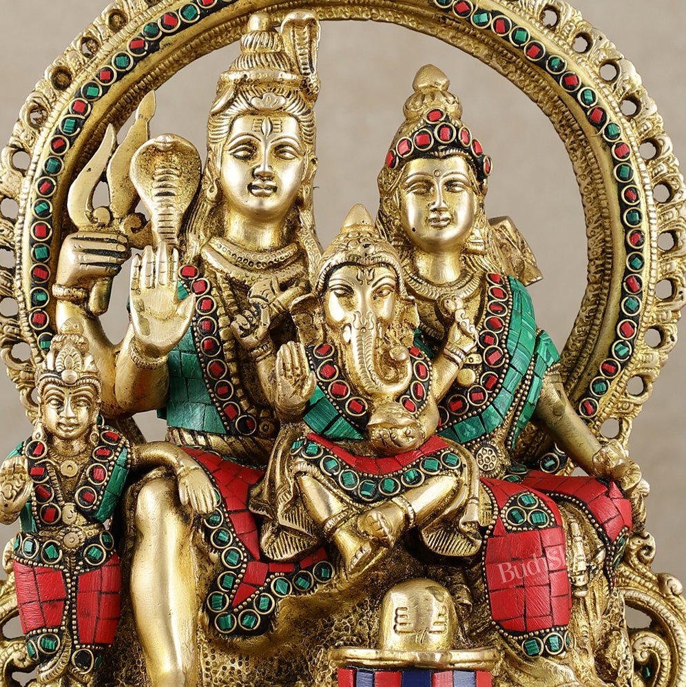 Brass Shiv Parivar Idol with Frame - 12.5 inch stonework - Budhshiv.com