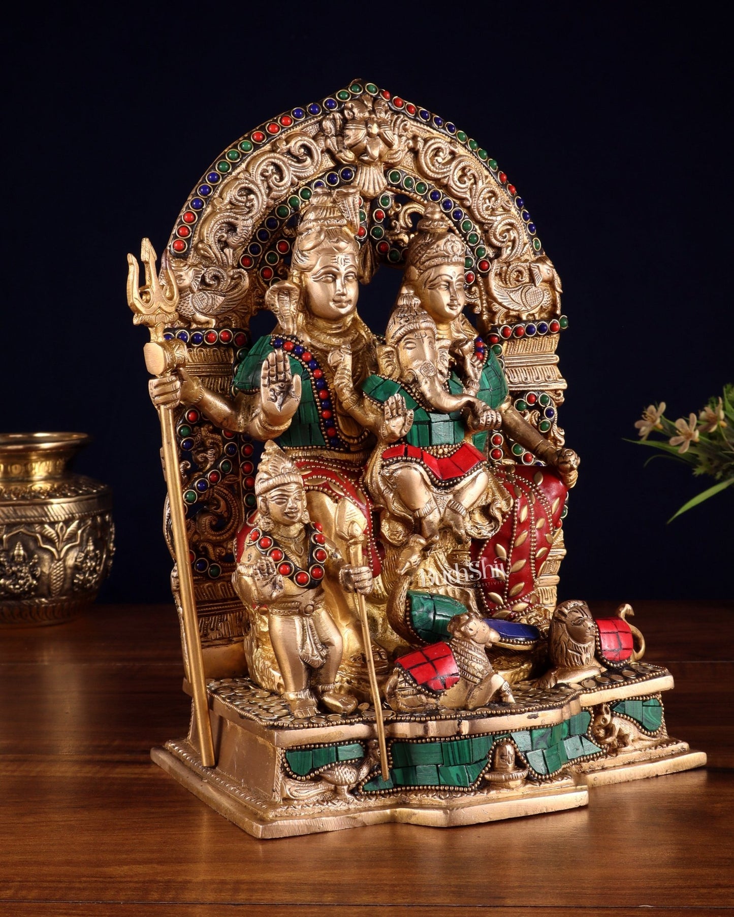 Brass Shiv Parivar Idol with stonework 12" - Budhshiv.com