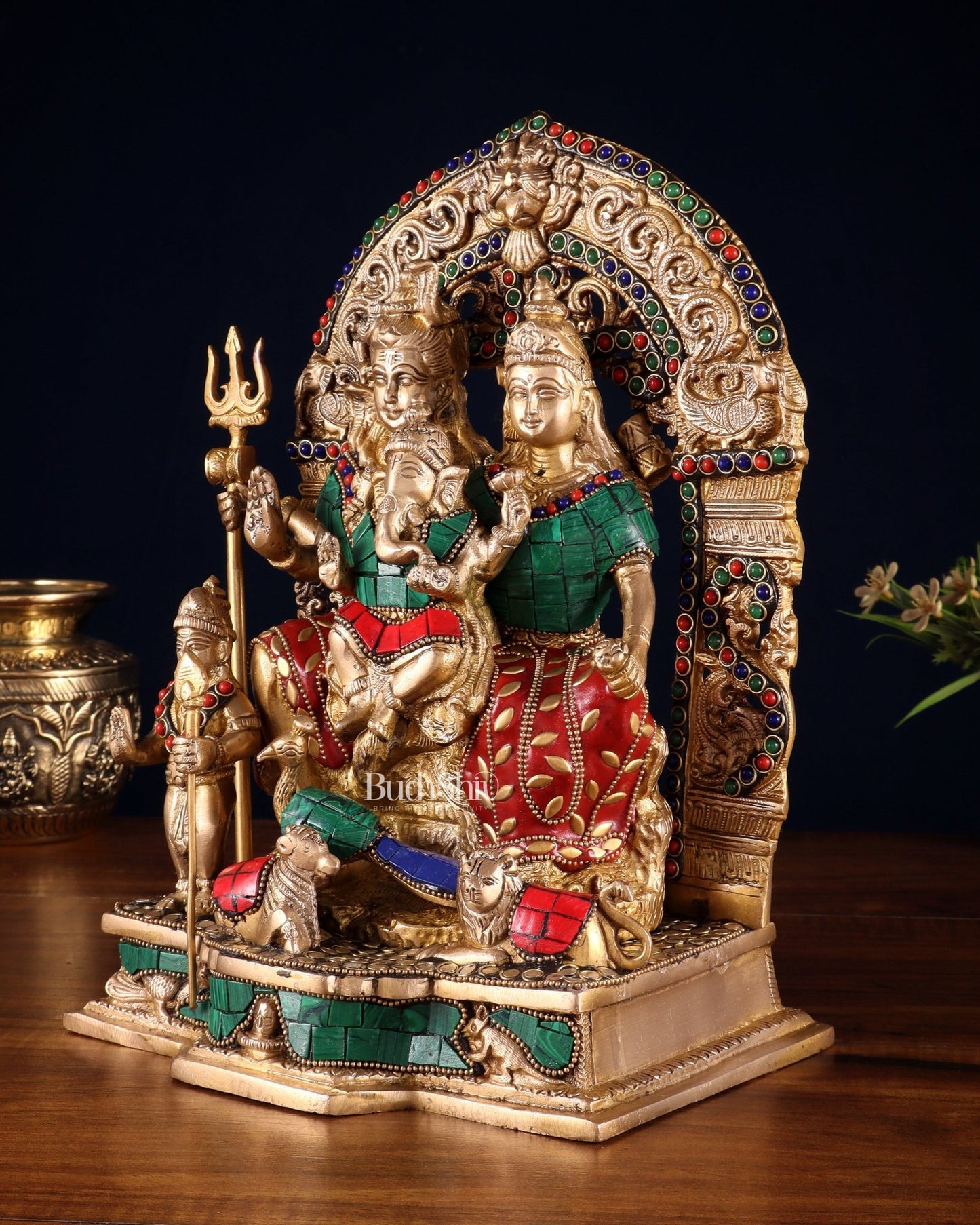 Brass Shiv Parivar Idol with stonework 12" - Budhshiv.com