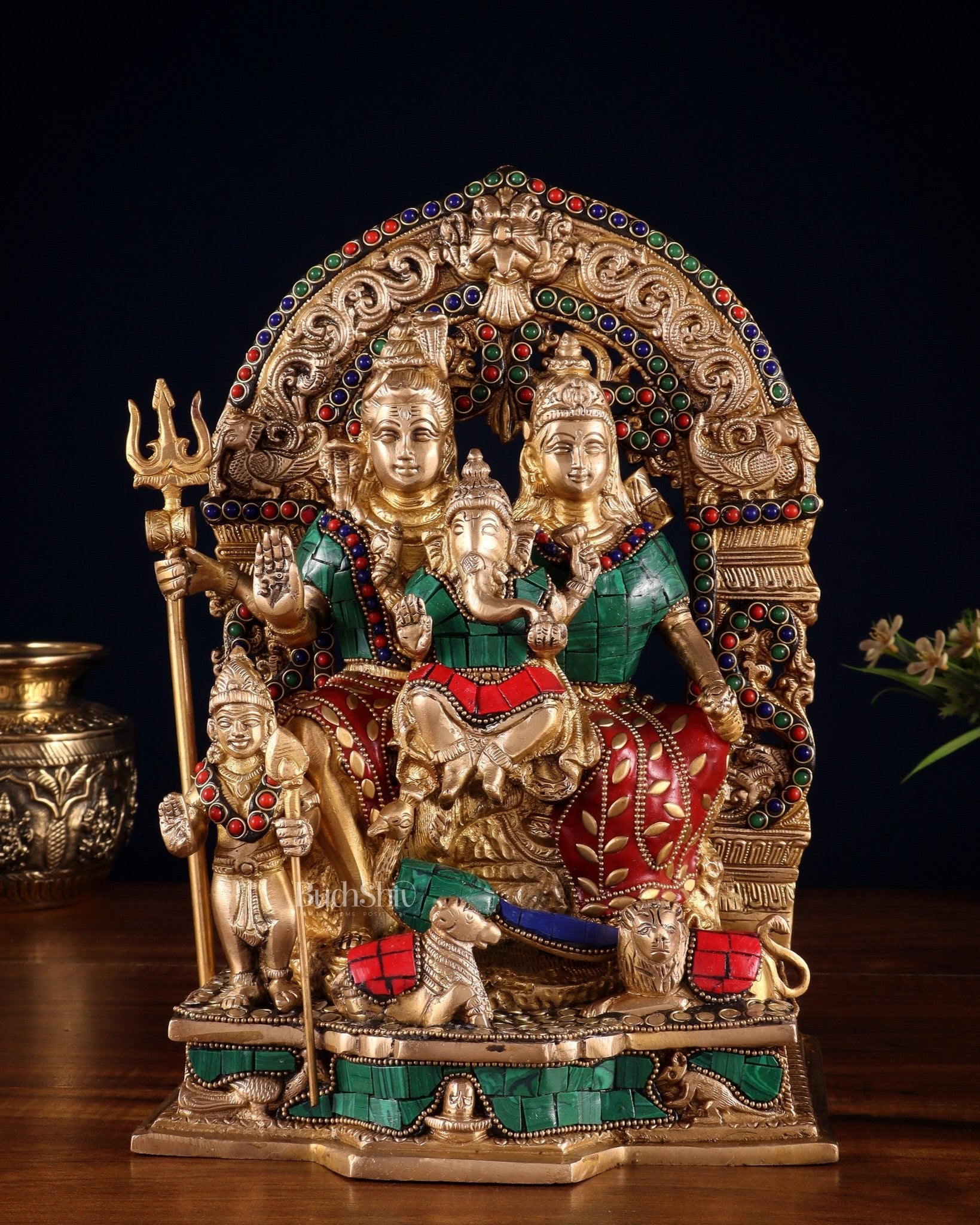 Brass Shiv Parivar Idol with stonework 12" - Budhshiv.com