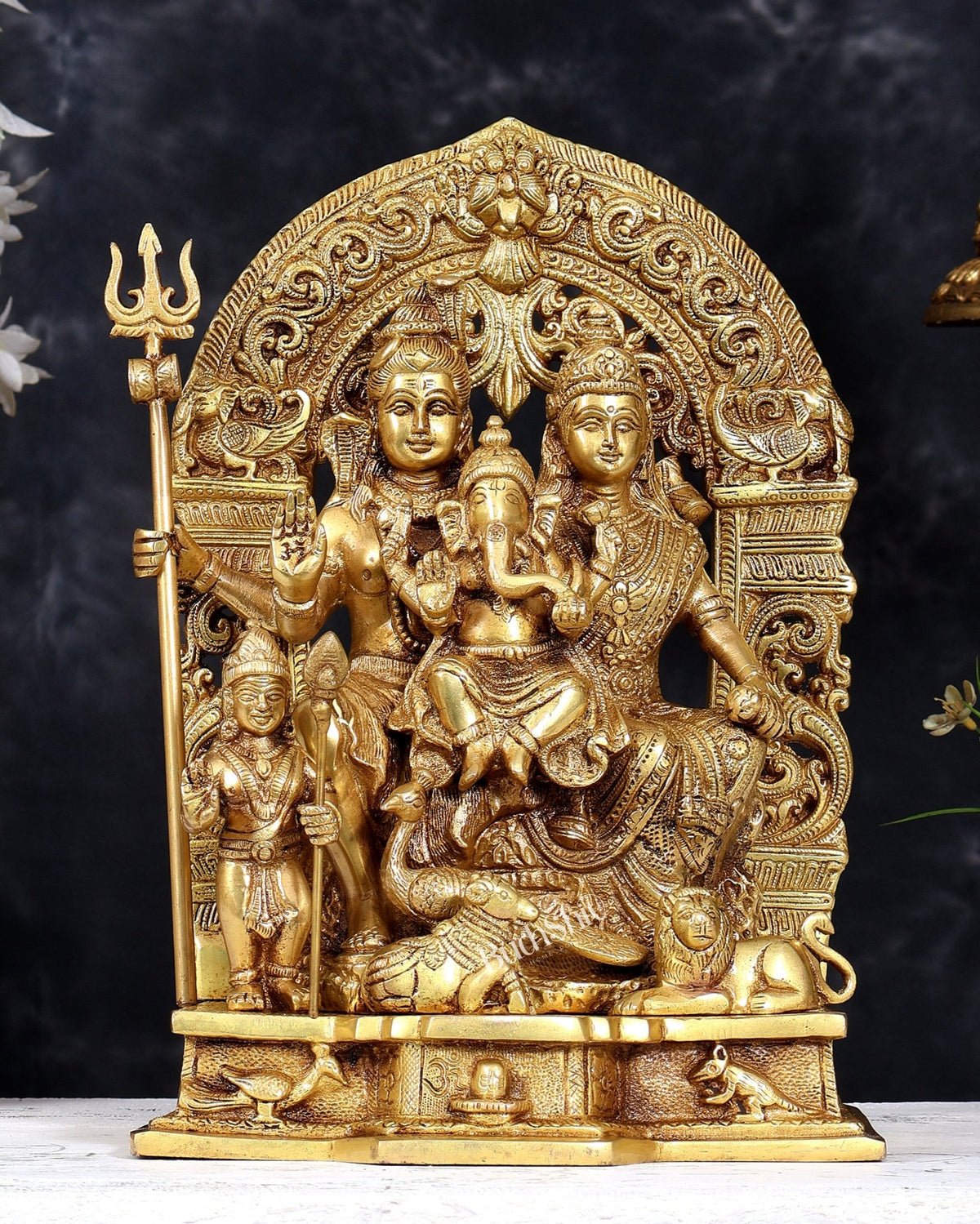 Brass Shiv Parivar statue 12 inch matte golden tone - Budhshiv.com