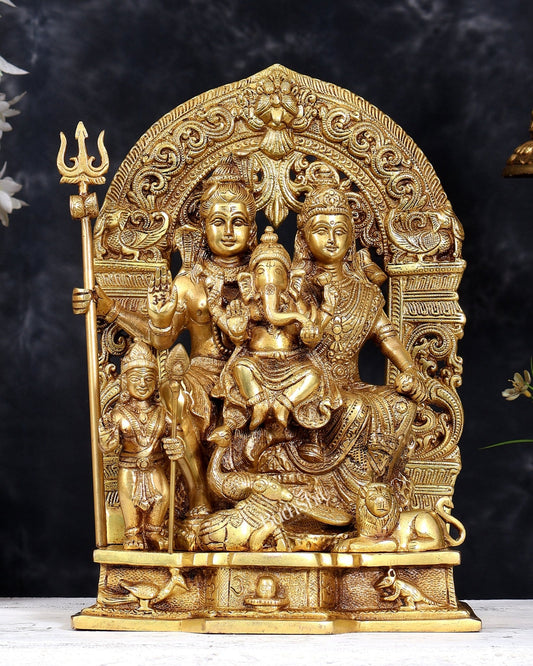 Brass Shiv Parivar statue 12 inch matte golden tone - Budhshiv.com