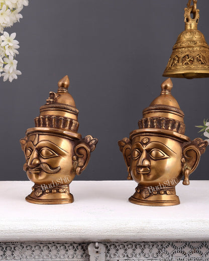 Brass Shiva and Gauri Mukhalingam face antique tone | 9.5 inch - Budhshiv.com
