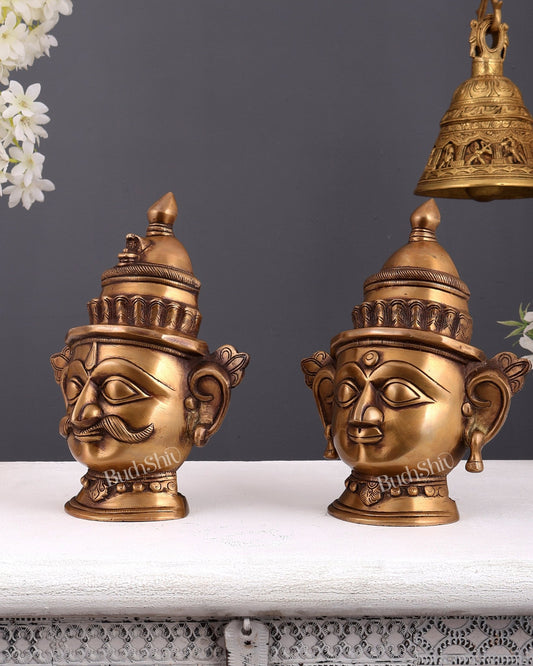 Brass Shiva and Gauri Mukhalingam face antique tone | 9.5 inch - Budhshiv.com