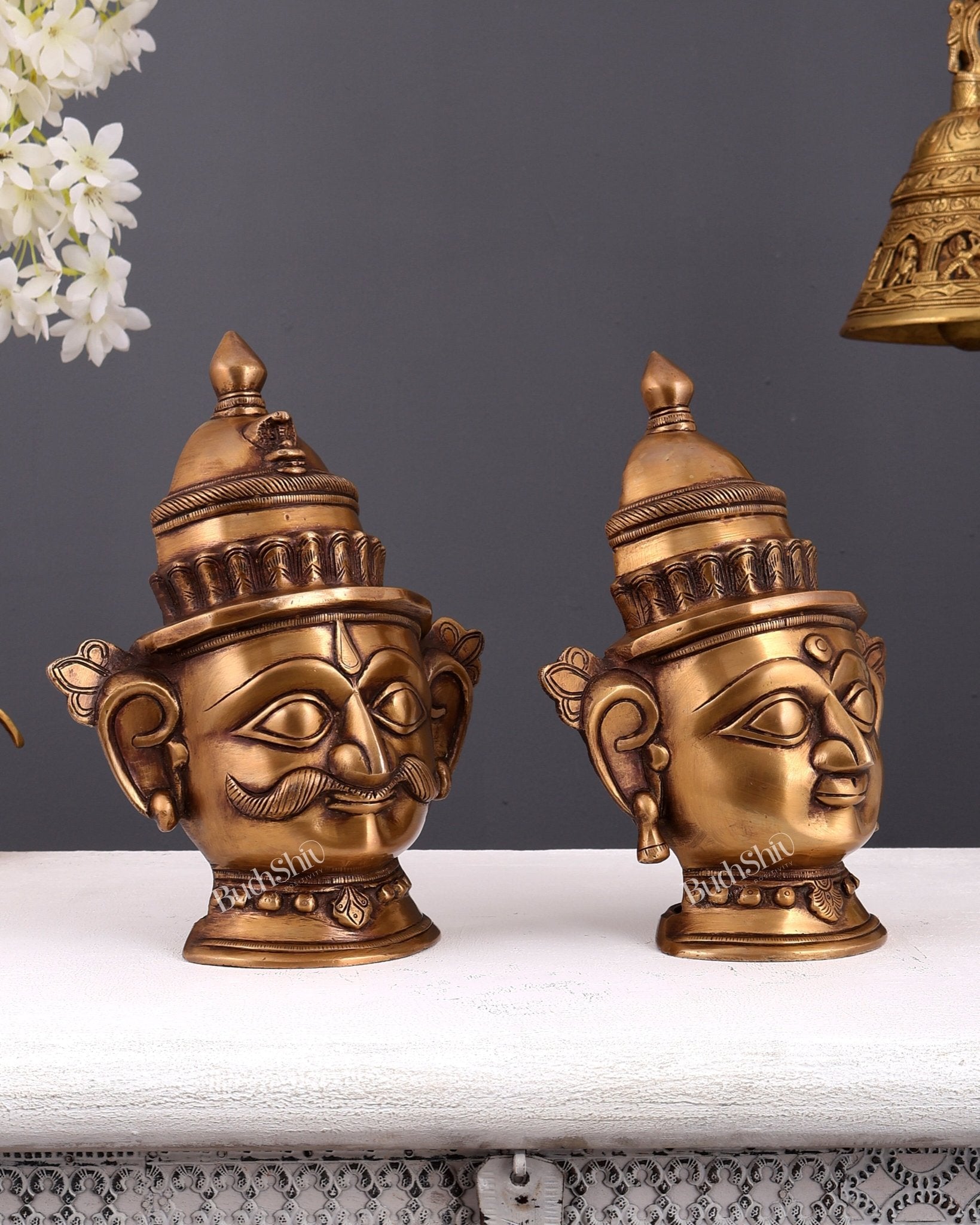 Brass Shiva and Gauri Mukhalingam face antique tone | 9.5 inch - Budhshiv.com