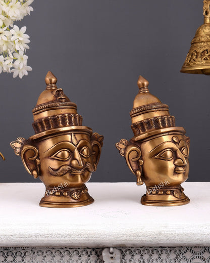 Brass Shiva and Gauri Mukhalingam face antique tone | 9.5 inch - Budhshiv.com