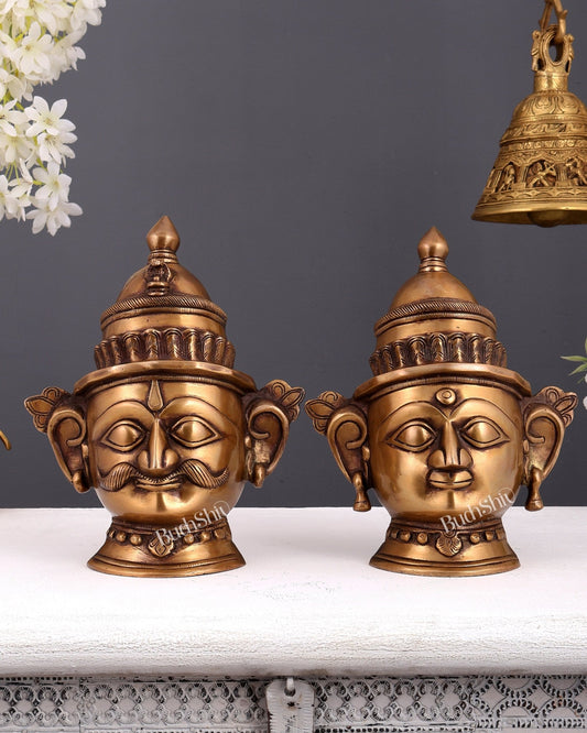 Brass Shiva and Gauri Mukhalingam face antique tone | 9.5 inch - Budhshiv.com
