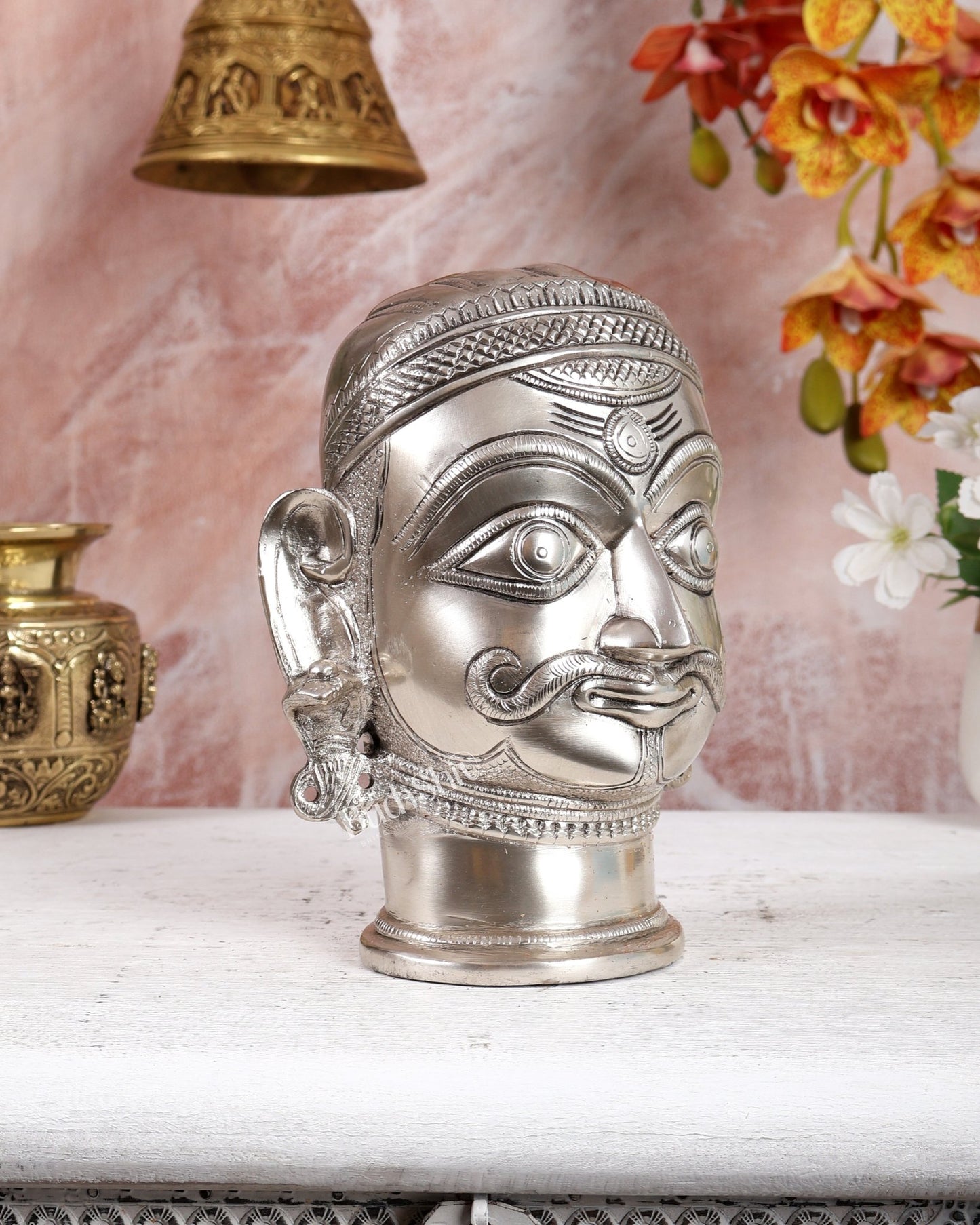 Brass Shiva face mukhlingam 7.5" silver plated - Budhshiv.com