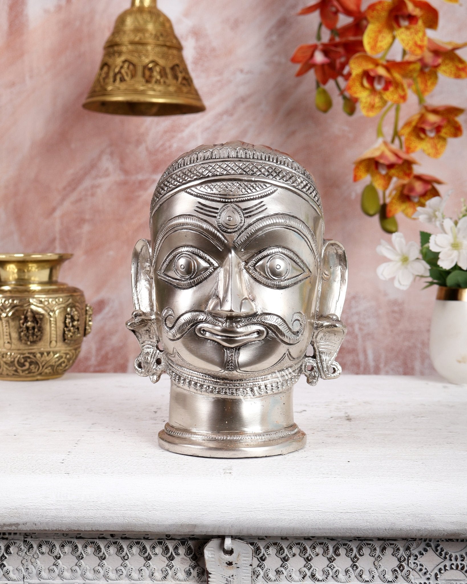 Brass Shiva face mukhlingam 7.5" silver plated - Budhshiv.com