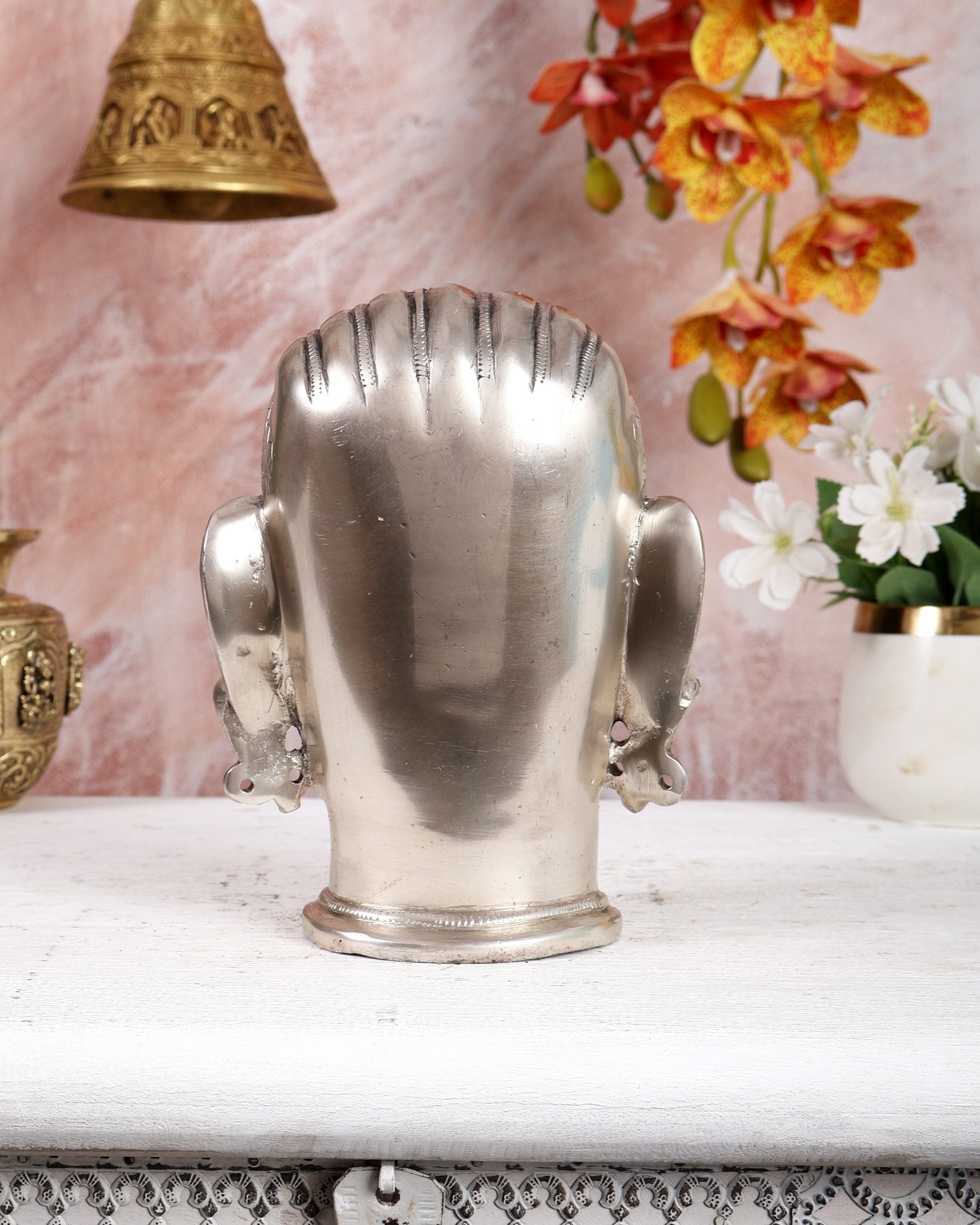 Brass Shiva face mukhlingam 7.5" silver plated - Budhshiv.com