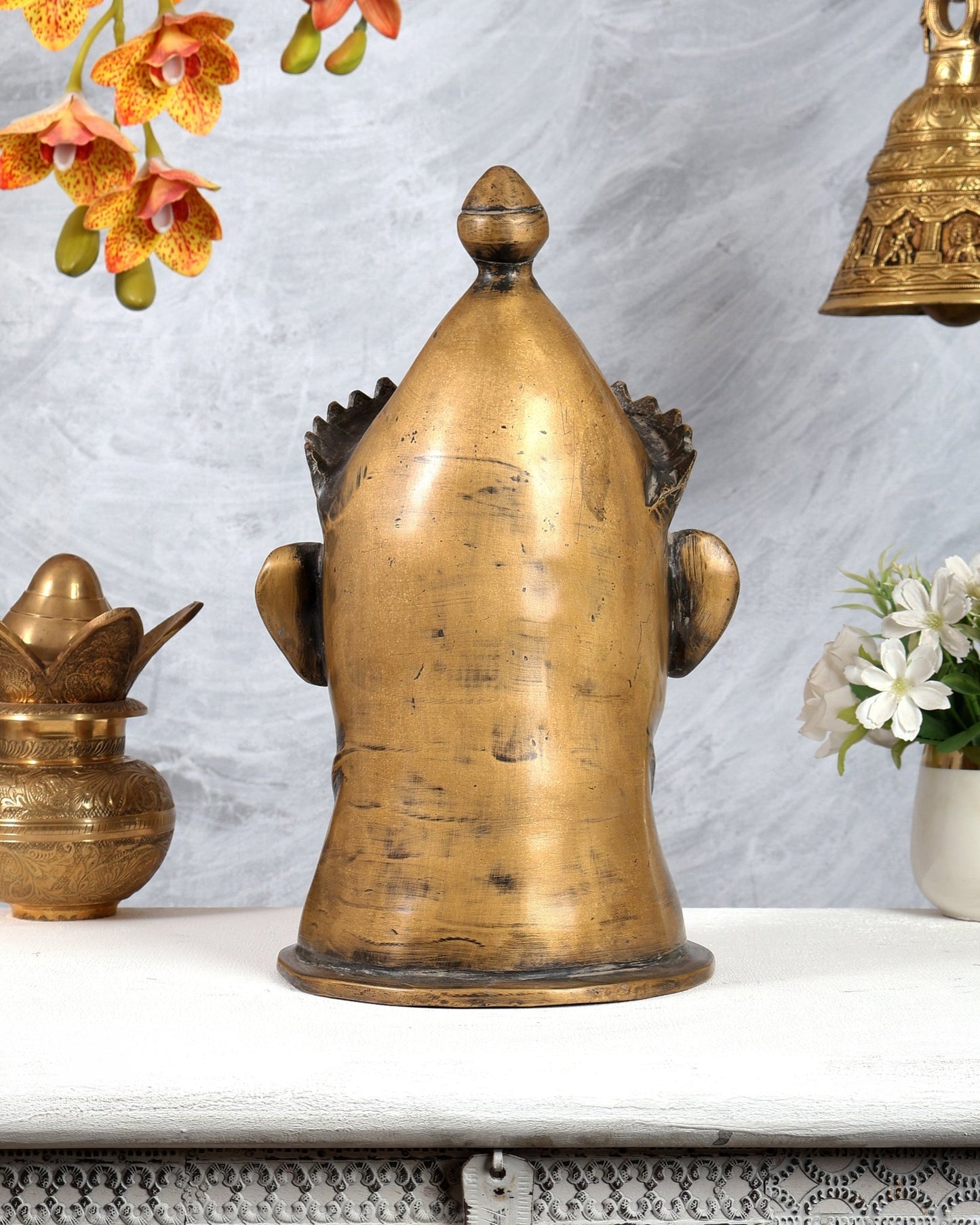 Brass Shiva Face Mukhlingam statue 13.5" vintage patina - Budhshiv.com