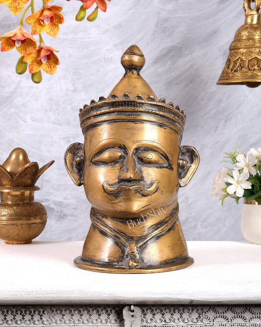 Brass Shiva Face Mukhlingam statue 13.5" vintage patina - Budhshiv.com