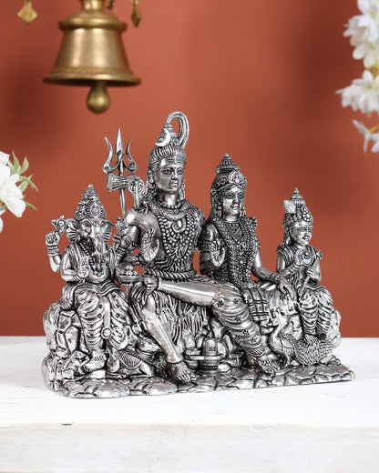 Brass Shiva Parivar Idol with Nandi, Peacock, Shivling & Mouse 7" silver plated - Budhshiv.com