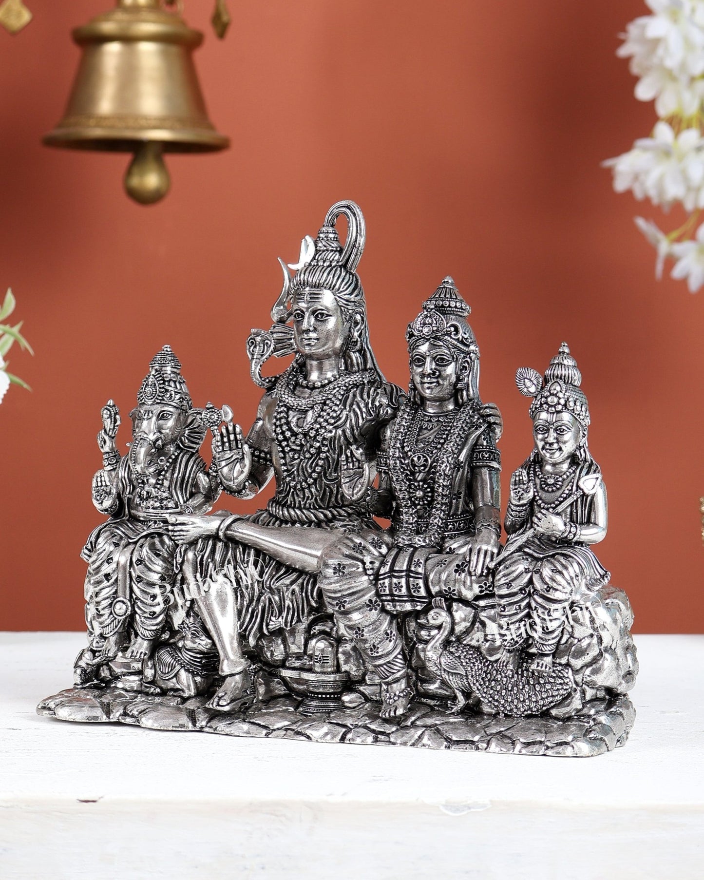 Brass Shiva Parivar Idol with Nandi, Peacock, Shivling & Mouse 7" silver plated - Budhshiv.com