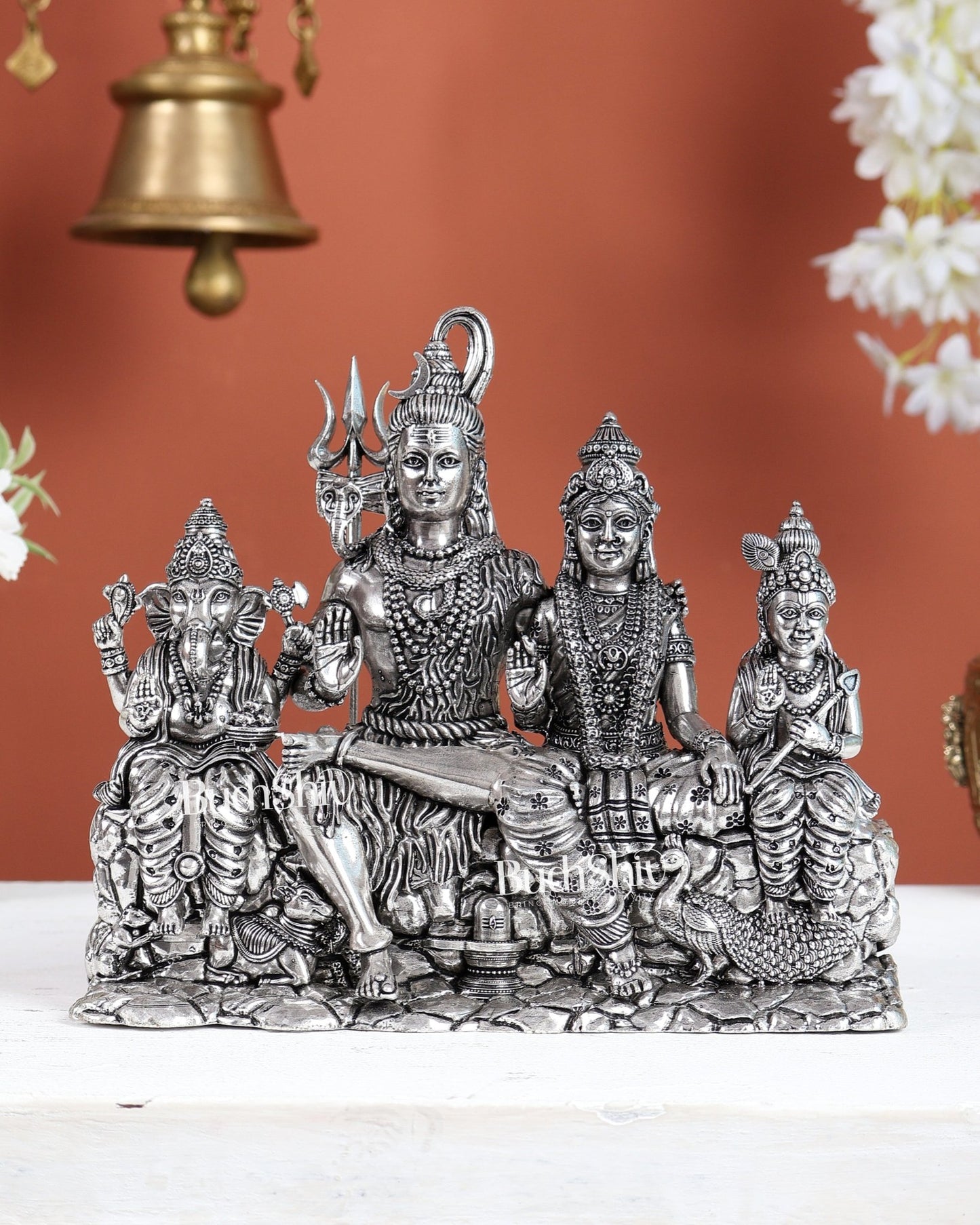 Brass Shiva Parivar Idol with Nandi, Peacock, Shivling & Mouse 7" silver plated - Budhshiv.com