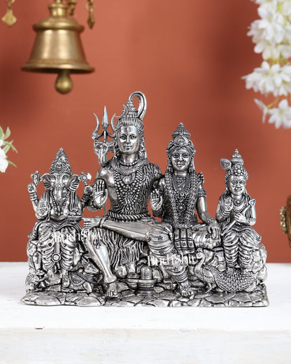 Brass Shiva Parivar Idol with Nandi, Peacock, Shivling & Mouse 7" silver plated - Budhshiv.com